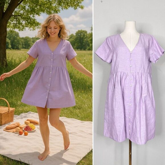 NWT Madewell Linen Blend Alexandra Babydoll Mini Dress M Lilac Cottage Boho - Picture 1 of 10